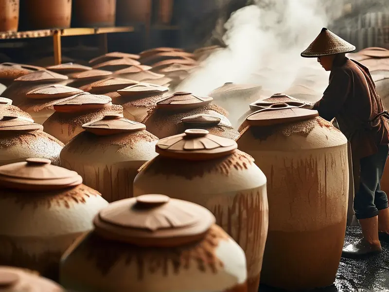 茅台镇老师傅遵循古法酿造酱香型白酒现场