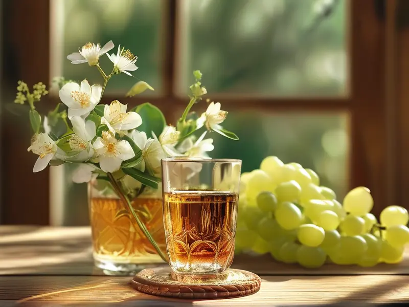 茉莉香葡萄酒成品展示，配有新鲜茉莉花和葡萄
