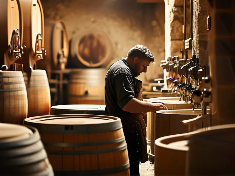 酿酒师在传统酒坊中操作酿酒设备