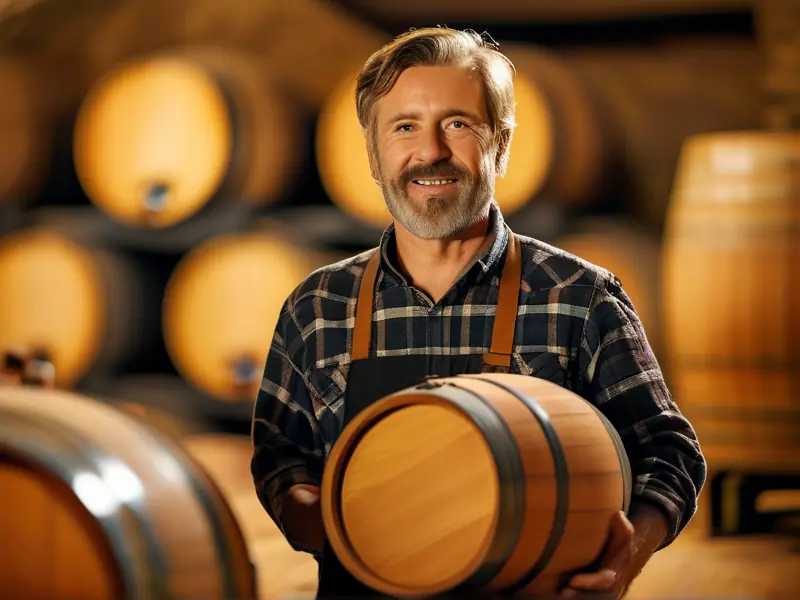 酿酒师在酒窖中展示资格证工作场景