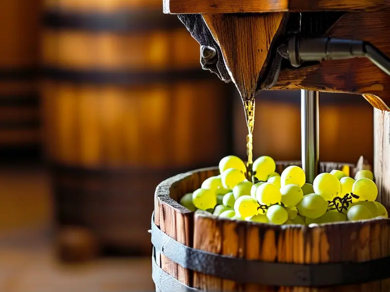 传统葡萄酒压榨过程，展示葡萄汁流入橡木桶的特殊酿造技术