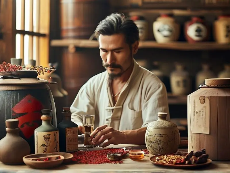 酿酒师调配强身健体酒的过程