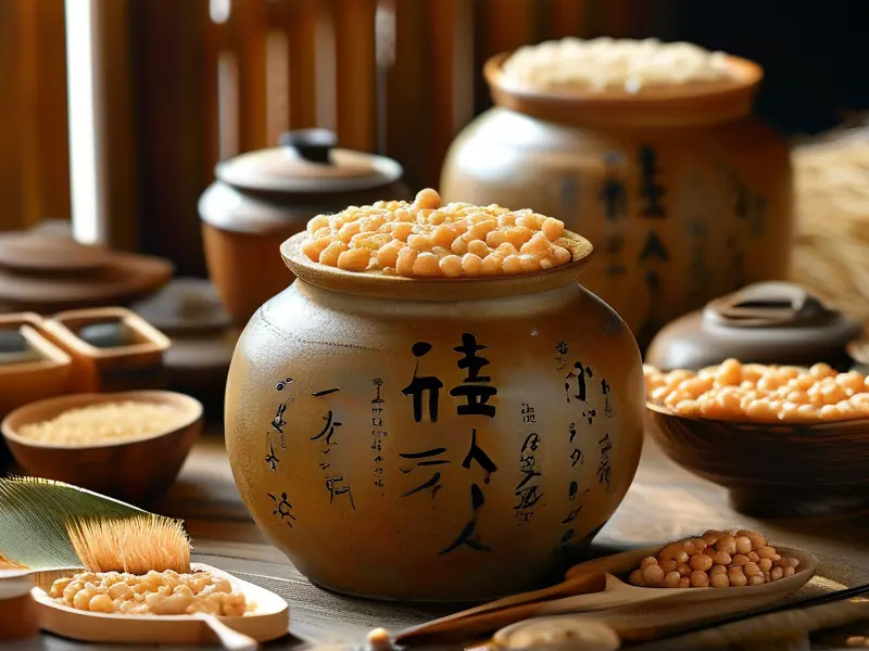 传统发酵缸中生长的曲霉特写，展示酿酒原料与工具