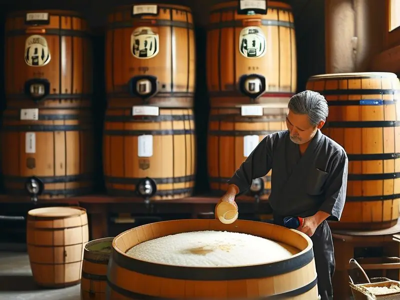 日本酿酒师检查清酒发酵桶