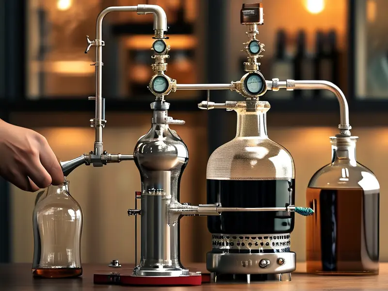 使用蒸馏设备从酒中提取酒精的过程