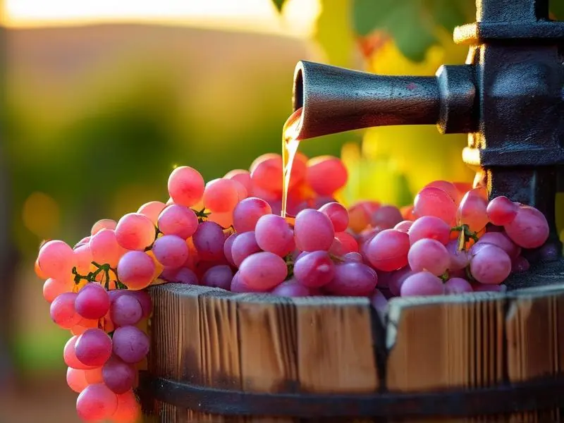 传统压榨工艺下的桃红葡萄汁液流入橡木桶