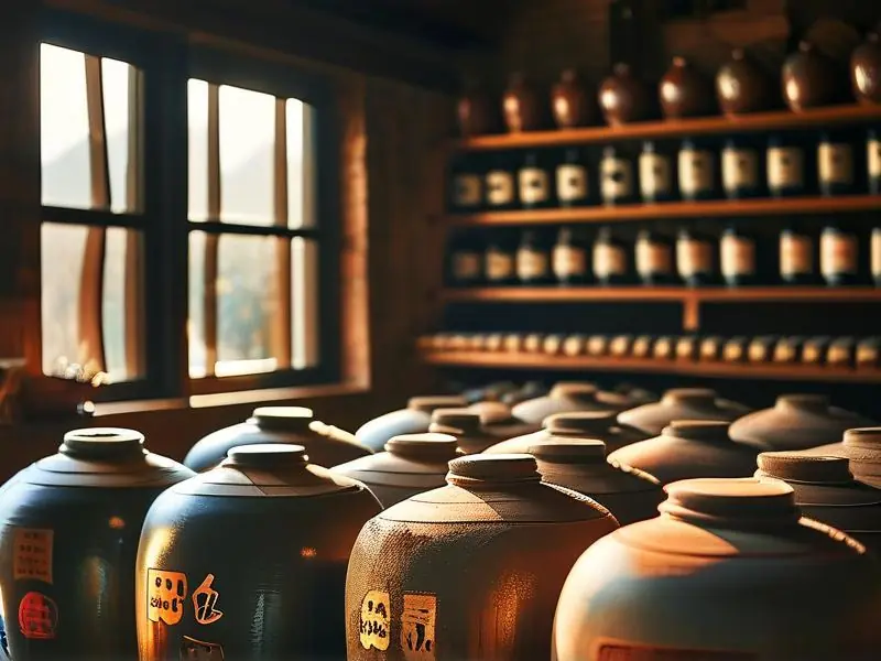 专业酿酒师在陶坛酒窖中检验不同年份白酒的陈化状态