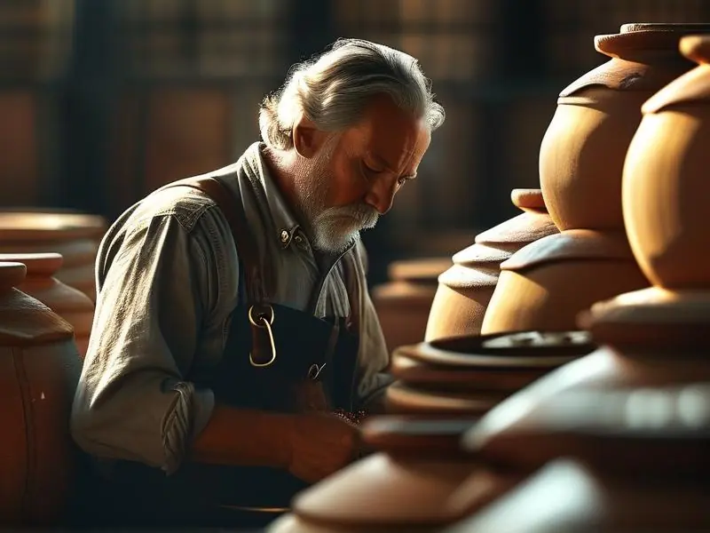 酿酒师检查储存在陶缸中的新酿白酒