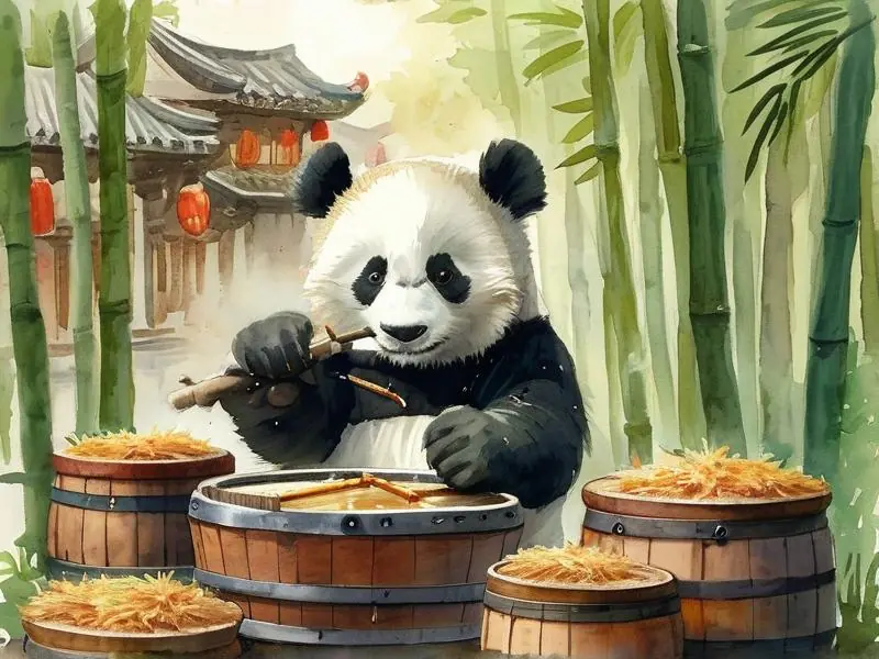 熊猫在传统酿酒作坊中操作酿酒设备