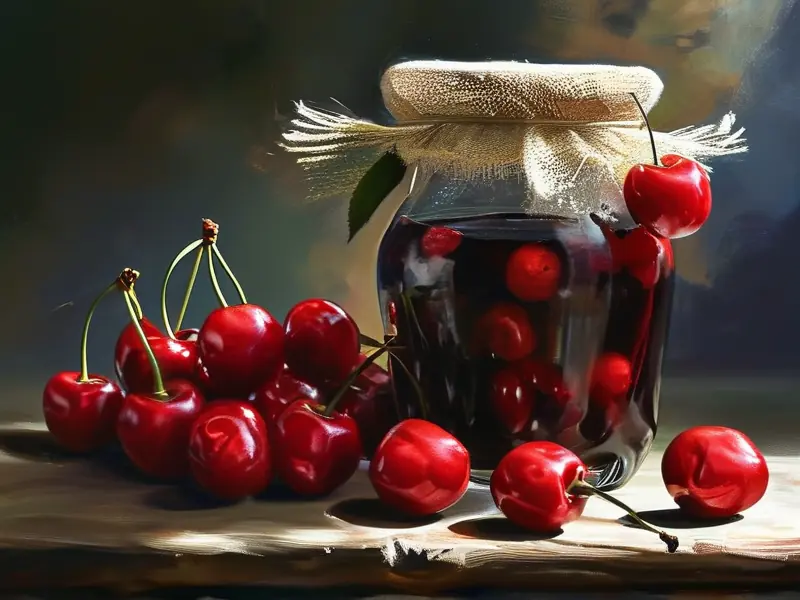新鲜樱桃与酿制完成的樱桃酒对比图