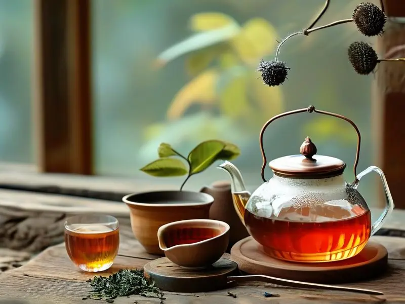 手工酿造的茶酒与新鲜茶叶特写