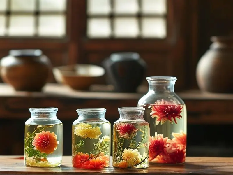 多种可酿酒花卉浸泡在玻璃罐中的特写