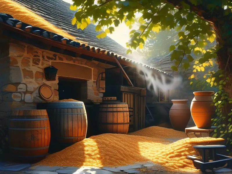 传统玉米粉碎酿酒工具与原料展示