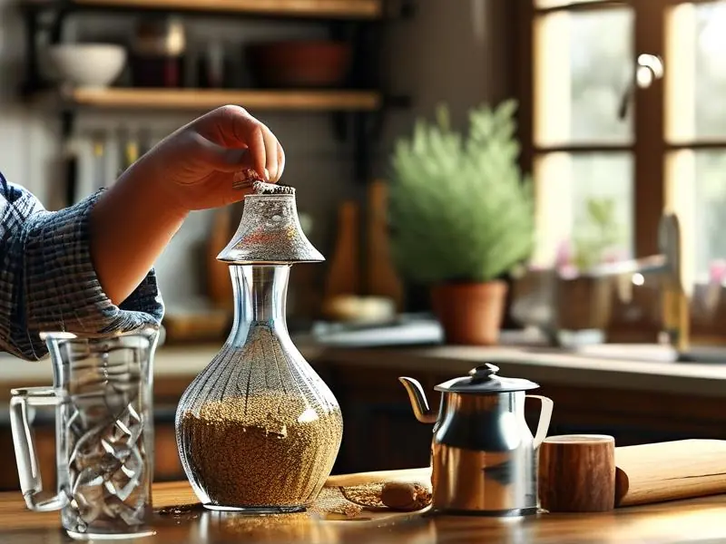 家庭自酿葡萄酒过程中将碾碎的葡萄倒入发酵罐