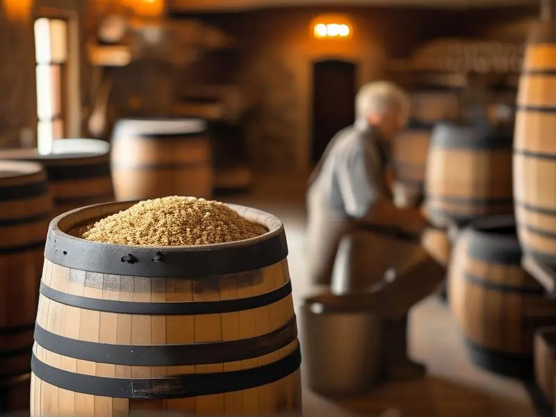 酿酒师检查发酵中的酒米