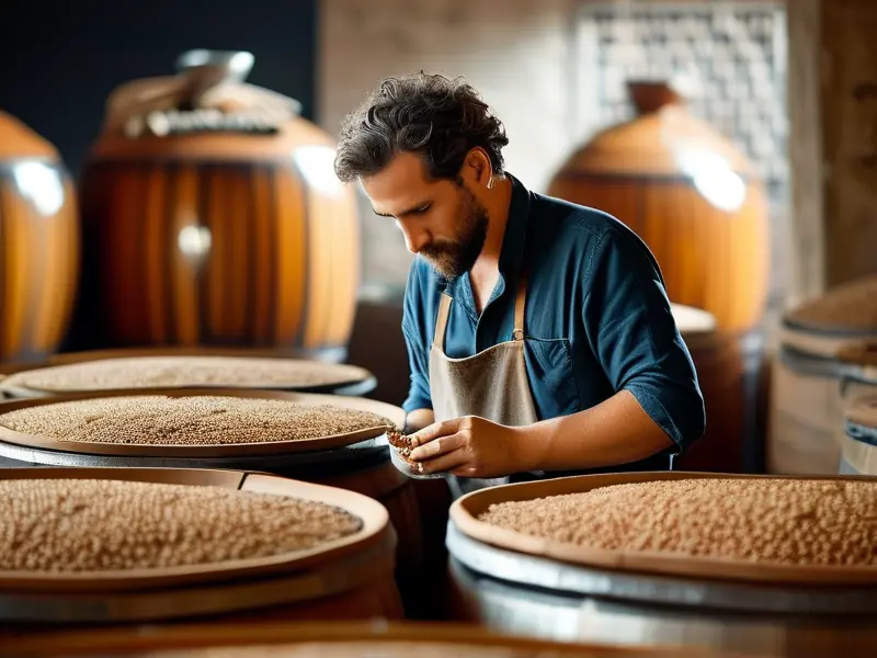 酿酒师检查白酒发酵过程