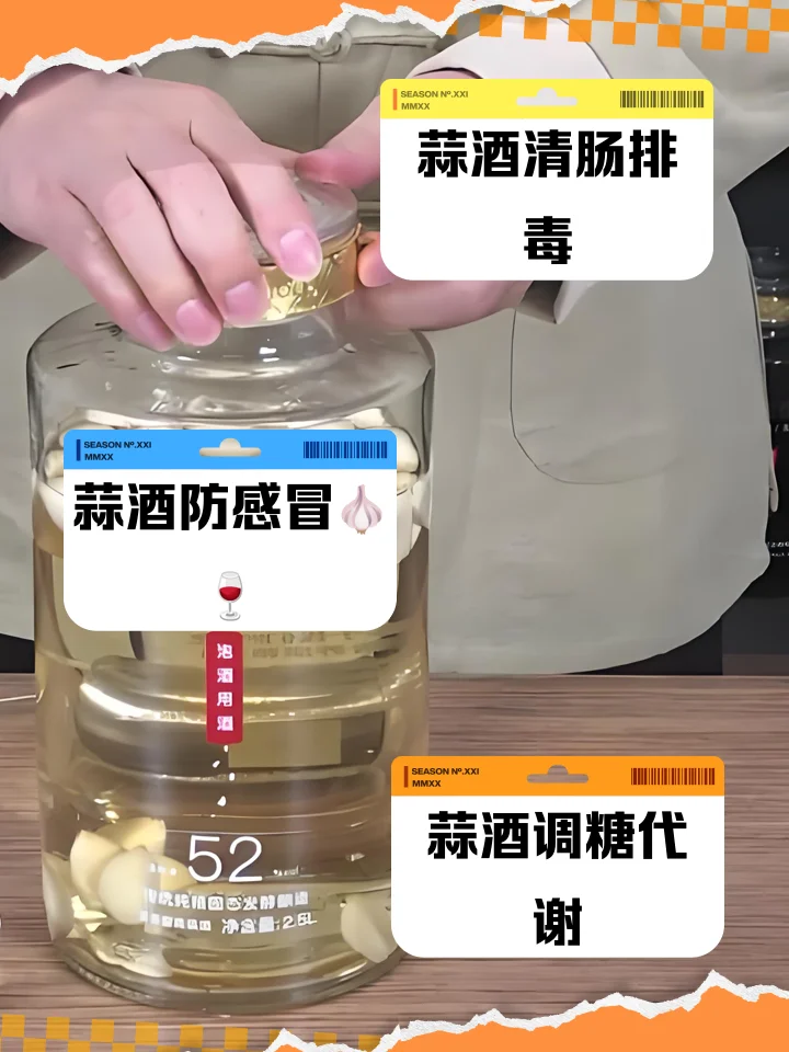 家庭自制大蒜泡酒：透明玻璃罐中琥珀色酒液浸泡着饱满蒜瓣，旁边有原料展示_1