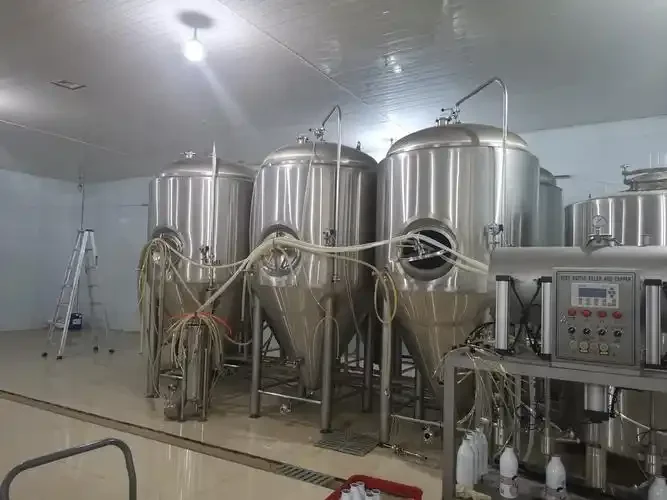 家庭啤酒酿造设备全景：煮沸桶、发酵罐、量筒、温度计和原料展示_1