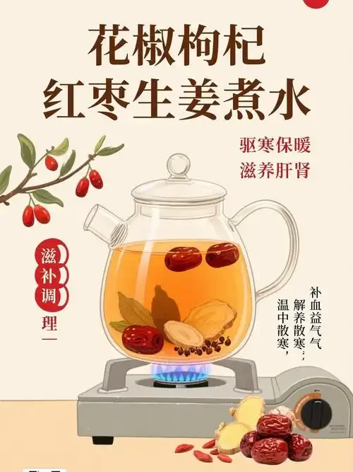 一瓶自制的生姜枸杞泡酒，酒液澄澈，内有枸杞和姜片，放在木质桌面上，旁边有原料展示。_1