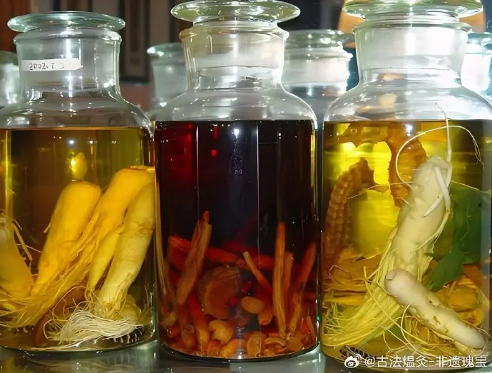 酿酒师在配制腰肌劳损药酒，工作台上摆放着杜仲、牛膝、当归、红花等中药材以及玻璃泡酒罐。_1