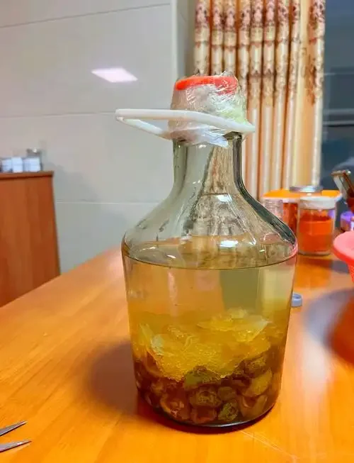 家庭自酿金刺梨泡酒展示：透明玻璃罐中金黄色刺梨果实在琥珀色酒液中清晰可见。_1