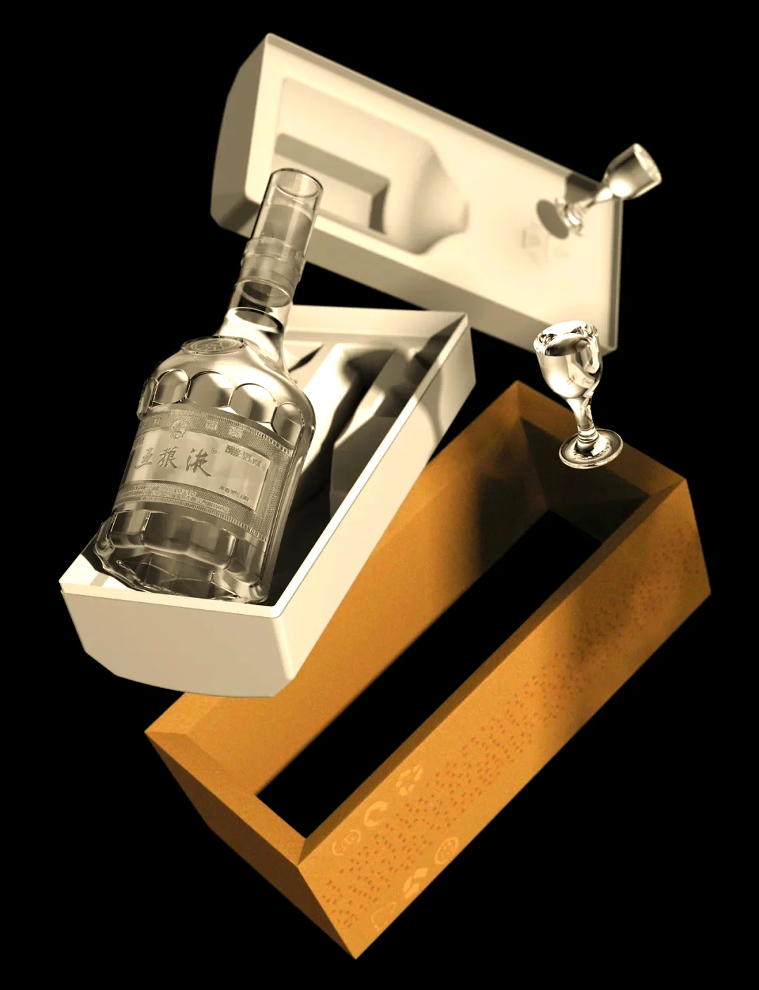 白酒包装设计工作台，展示酒瓶、特种纸、包装盒、瓶盖等核心材料与设计草图。_1