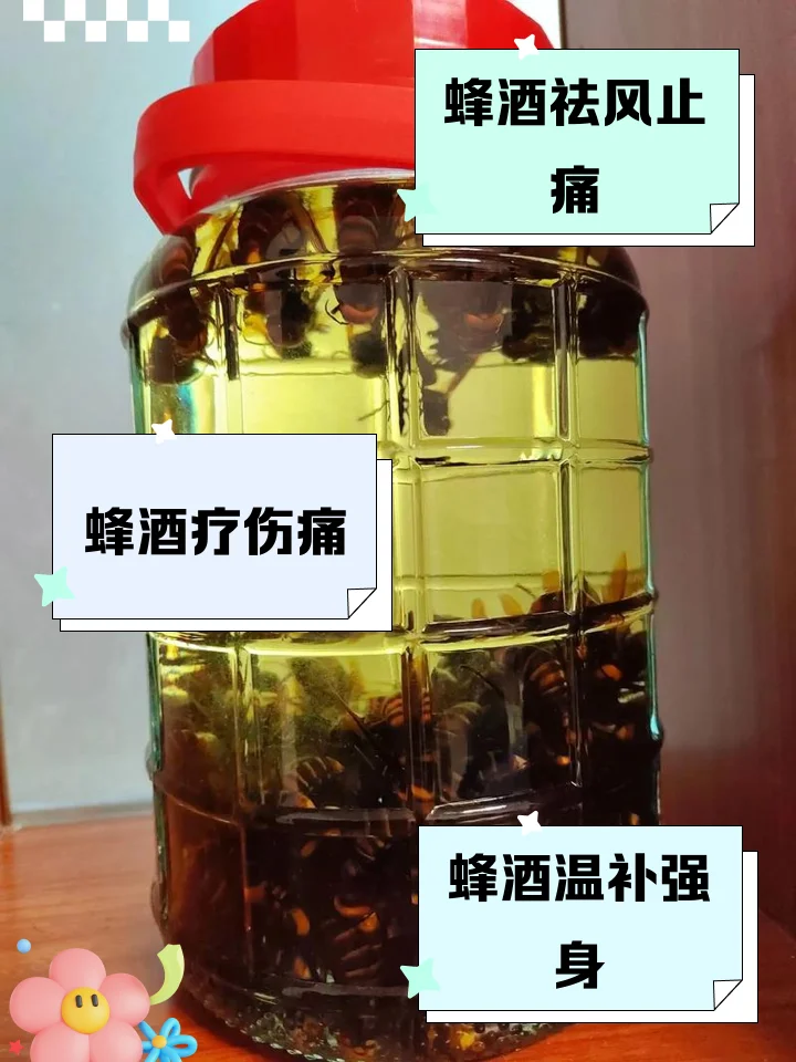 透明玻璃泡酒坛内浸泡着金黄马蜂的蜂子酒特写，旁边配有枸杞红枣_1
