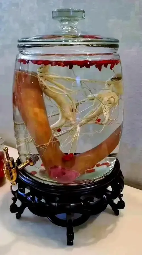 泡有鹿茸的玻璃酒瓶与血压计、听诊器并列摆放，寓意鹿茸酒与高血压健康需谨慎对待。_1