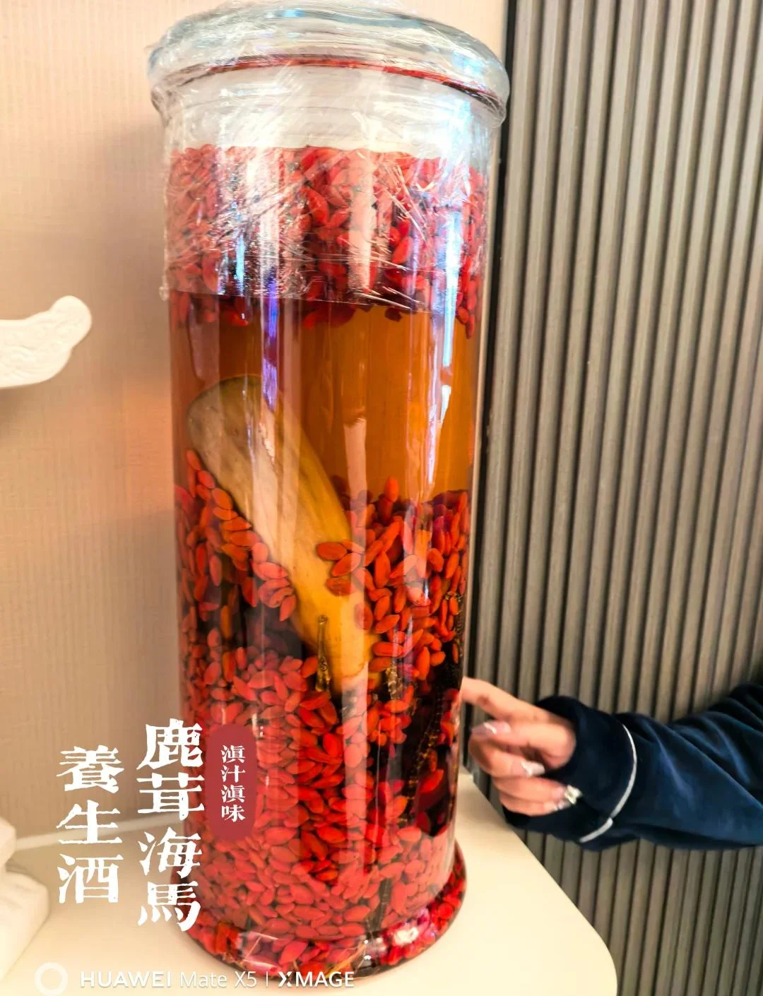 南楼山老师傅展示的家庭自制补肾药酒材料搭配示例：透明玻璃瓶中的枸杞、人参、红枣等中药材。_1