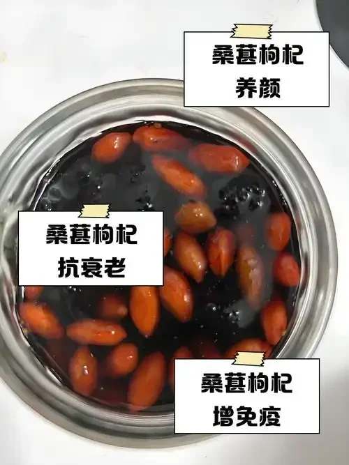 家庭自制枸杞桑葚泡酒特写：玻璃罐中枸杞与桑葚色泽分明，浸泡在清澈酒液中。_1