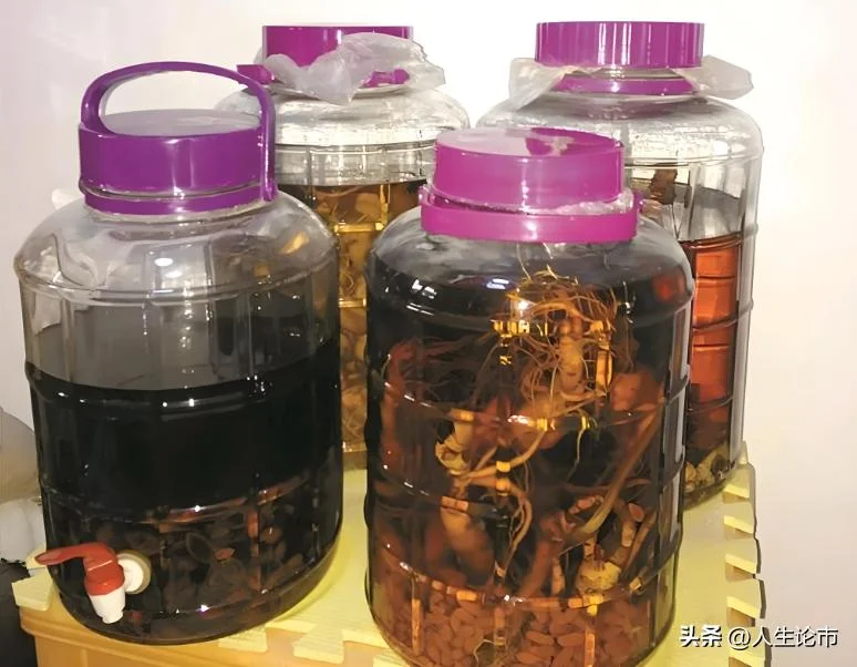 一瓶正在浸泡中的辣椒酒，金黄酒液中可见红色干辣椒和姜片，用于外敷缓解关节不适的民间偏方示例。_1