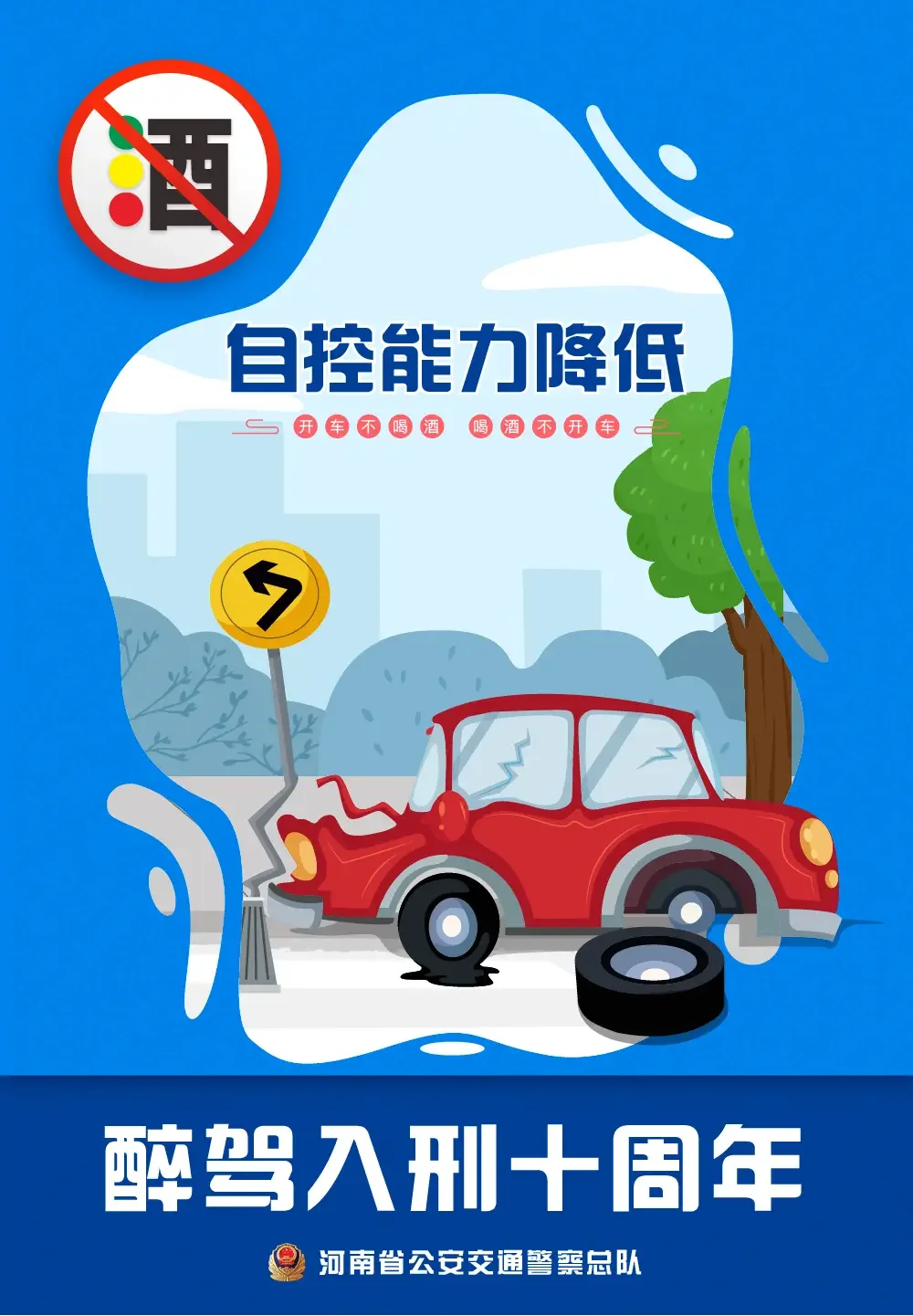 酒驾吊销驾驶证恢复年限示意图：酒杯与车钥匙被禁止图标覆盖，下方标注5年和10年两个关键时间节点。_1