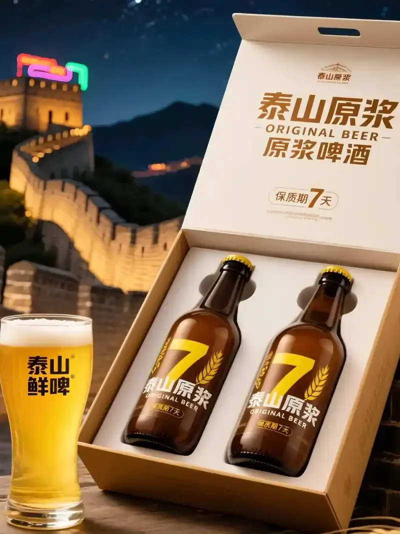 一杯新鲜倒出的原浆啤酒特写，展示其丰富的泡沫和略呈浑浊的琥珀色酒体。_1