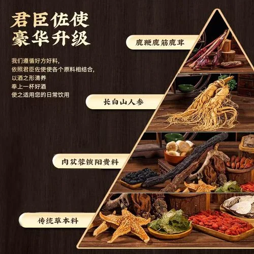 传统手工酿制的鹿鞭泡酒，透明玻璃罐中清晰可见鹿鞭、人参、枸杞等多种药材浸泡在琥珀色酒液中，展现专业泡酒工艺。_1