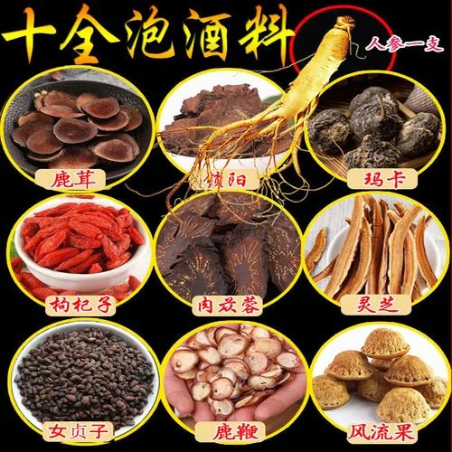 家用泡酒常用配料展示：包括枸杞黄芪等养生药材与杨梅桑葚等新鲜水果，以及玻璃罐、冰糖和白酒瓶，呈现居家自酿的准备工作场景。_1