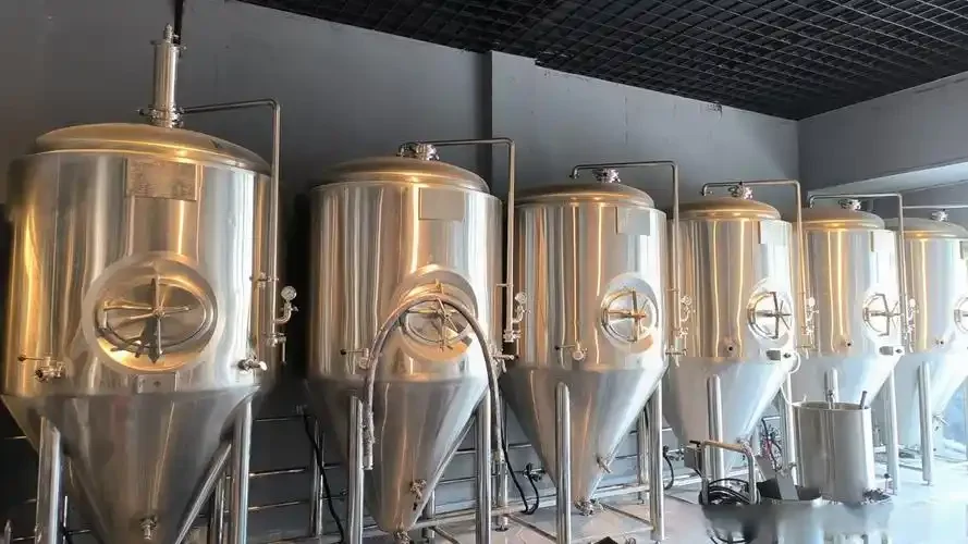 家庭手工精酿啤酒设备：不锈钢糖化煮沸锅、发酵罐和冷凝盘管在木质台面上，旁边有麦芽和啤酒花。_1