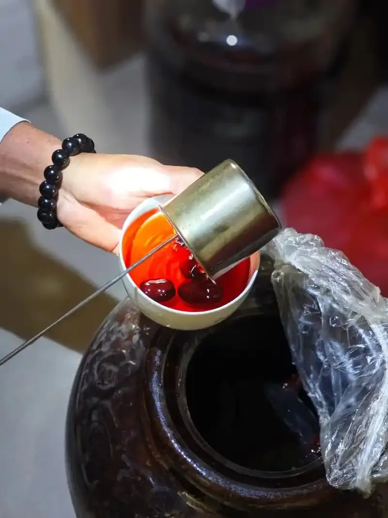正在发酵中的黑枣老酒，深色枣子与宝石红色酒液在玻璃罐中清晰可见，展现了家庭酿造的核心过程。_1
