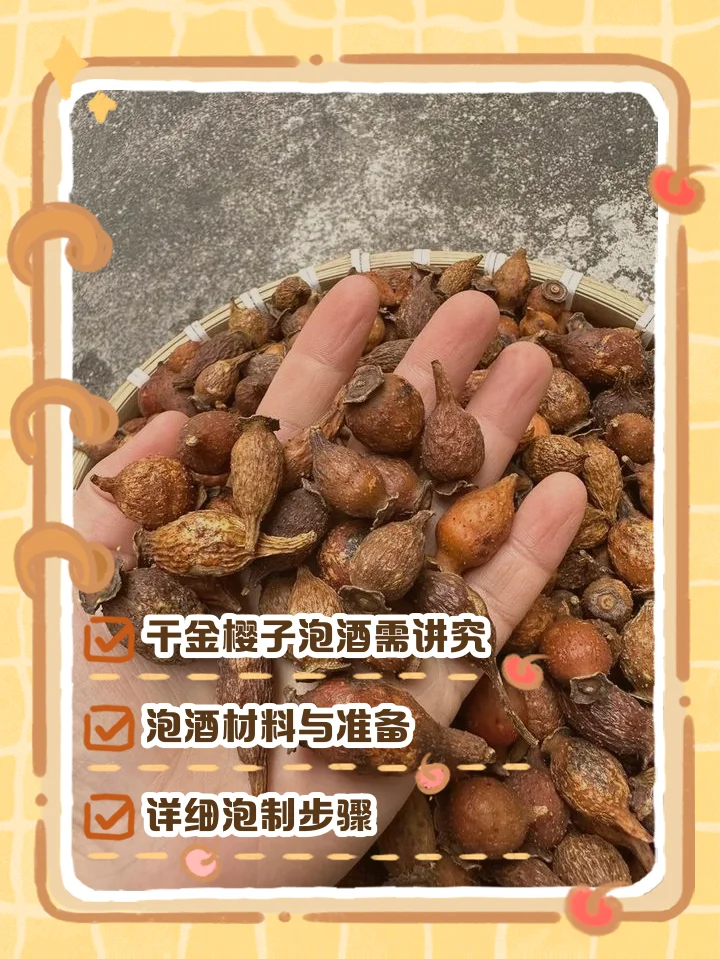 正在浸泡金樱子酒的透明酒坛特写，坛内酒液呈琥珀色，果实清晰可见，旁边放置着新鲜金樱子和酿酒工具。_1