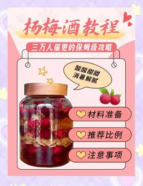 家庭自酿杨梅酒过程图：玻璃罐中浸泡的杨梅与酒液，旁边是新鲜杨梅、冰糖和白酒瓶。_1