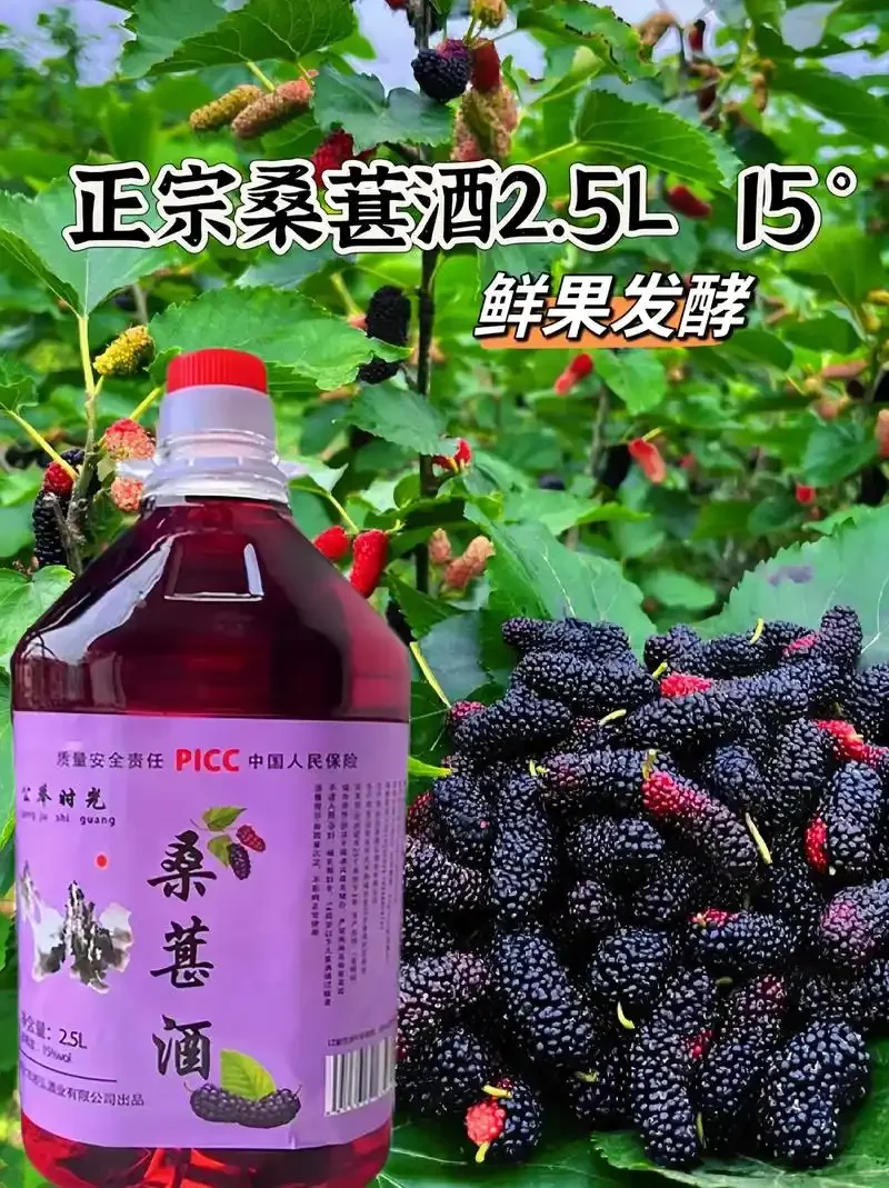 人参枸杞桑葚酒泡制成品特写：透明玻璃瓶中琥珀色酒液与清晰可见的食材_1