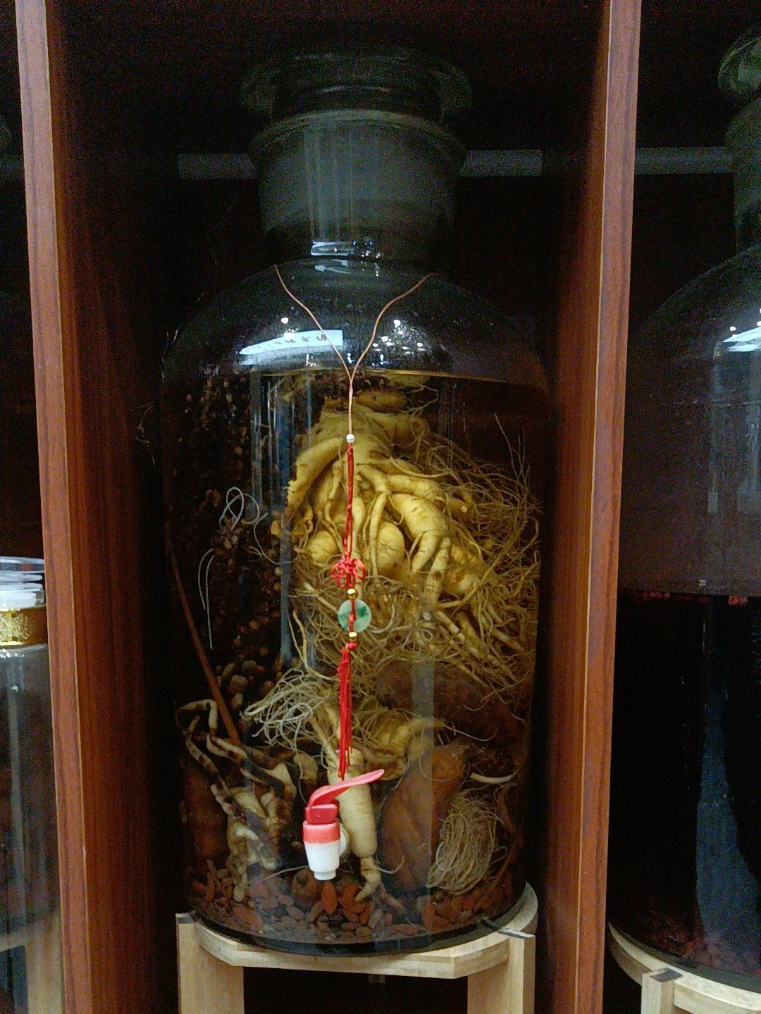 首乌大补酒成品展示：清澈的琥珀色酒液，罐内可见何首乌片、枸杞等中药材，展现专业的家庭泡酒环境。_1