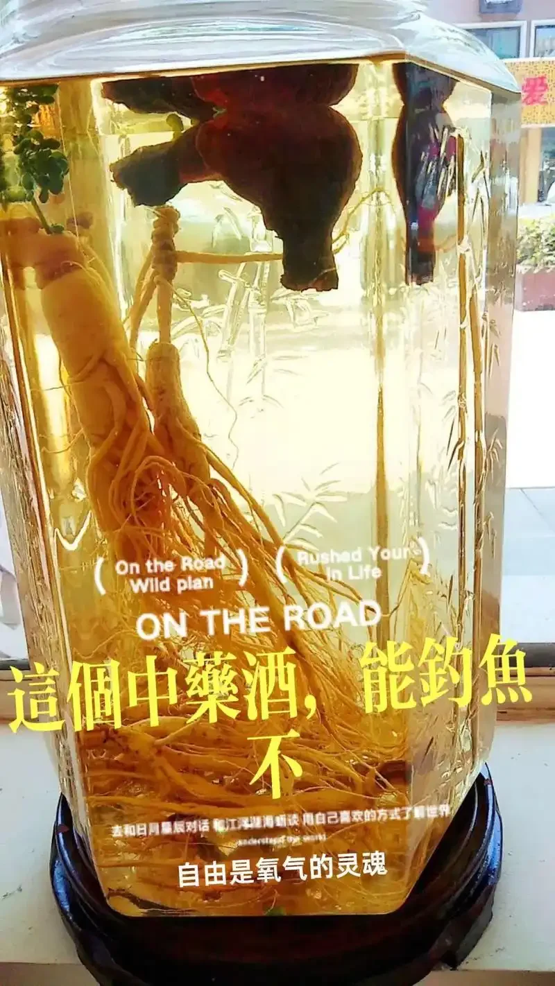 泡制中的钓鱼中药酒玻璃罐，内含多种中药材，背景有钓鱼相关工具_1