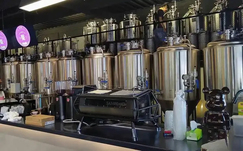 一套小型精酿啤酒设备在工作中的场景，包括糖化桶、煮沸锅和发酵罐_1