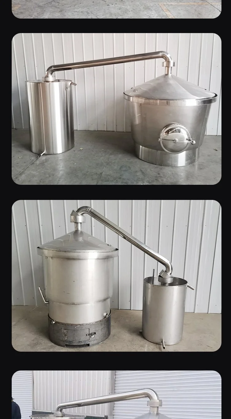 家庭酿酒机工作场景：不锈钢设备流出清澈酒液，旁边摆放着酿酒原料和工具_1