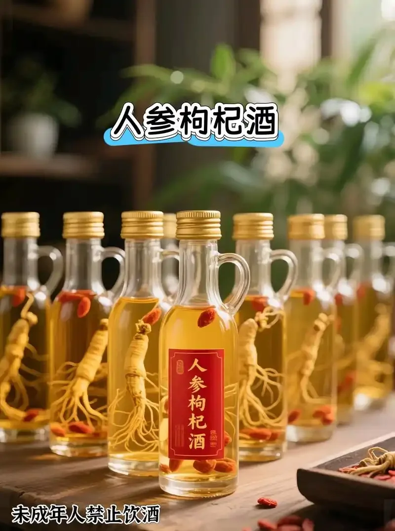 家庭自制三七人参枸杞泡酒过程实拍：透明玻璃罐中清晰可见人参、三七片和枸杞被高度白酒浸泡_1
