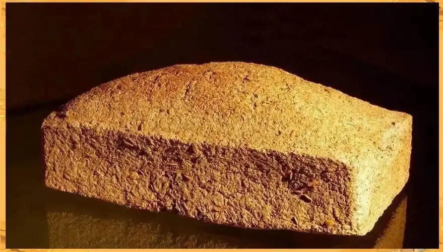 微距拍摄的古法大曲，清晰可见白色霉菌菌丝与黄色酵母菌群落共生，展示酿酒微生物的生态_1