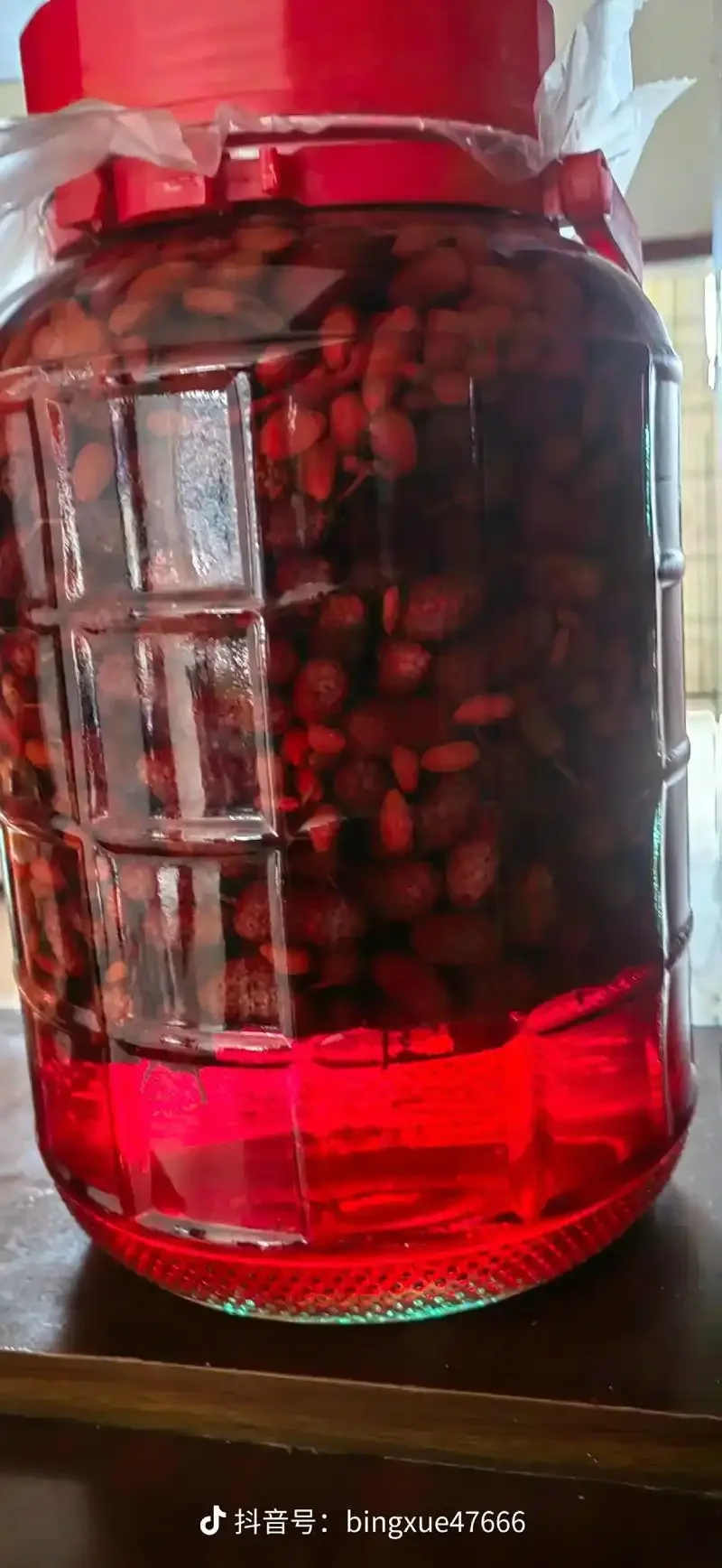 家庭自制桑葚枸杞泡酒：透明玻璃罐中浸泡着桑葚、枸杞和冰糖的详细特写_1