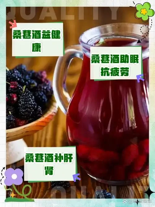 清澈透亮的自酿桑葚酒储藏展示，旁边伴有新鲜桑葚，展示专业家庭酿酒环境。_1