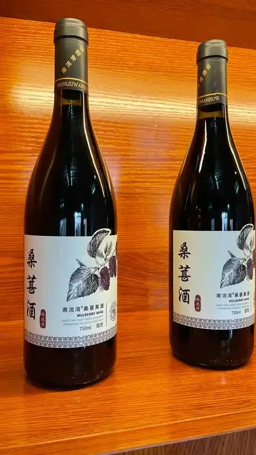 盛在玻璃醒酒器中的紫红色桑葚酒特写，旁边有新鲜桑葚和香草装饰，展示其迷人的色泽与质感。_1