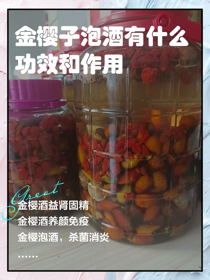 金樱子枸杞泡酒成品展示：透明玻璃罐中金黄酒液与红色枸杞、褐色金樱子果形成鲜明对比_1